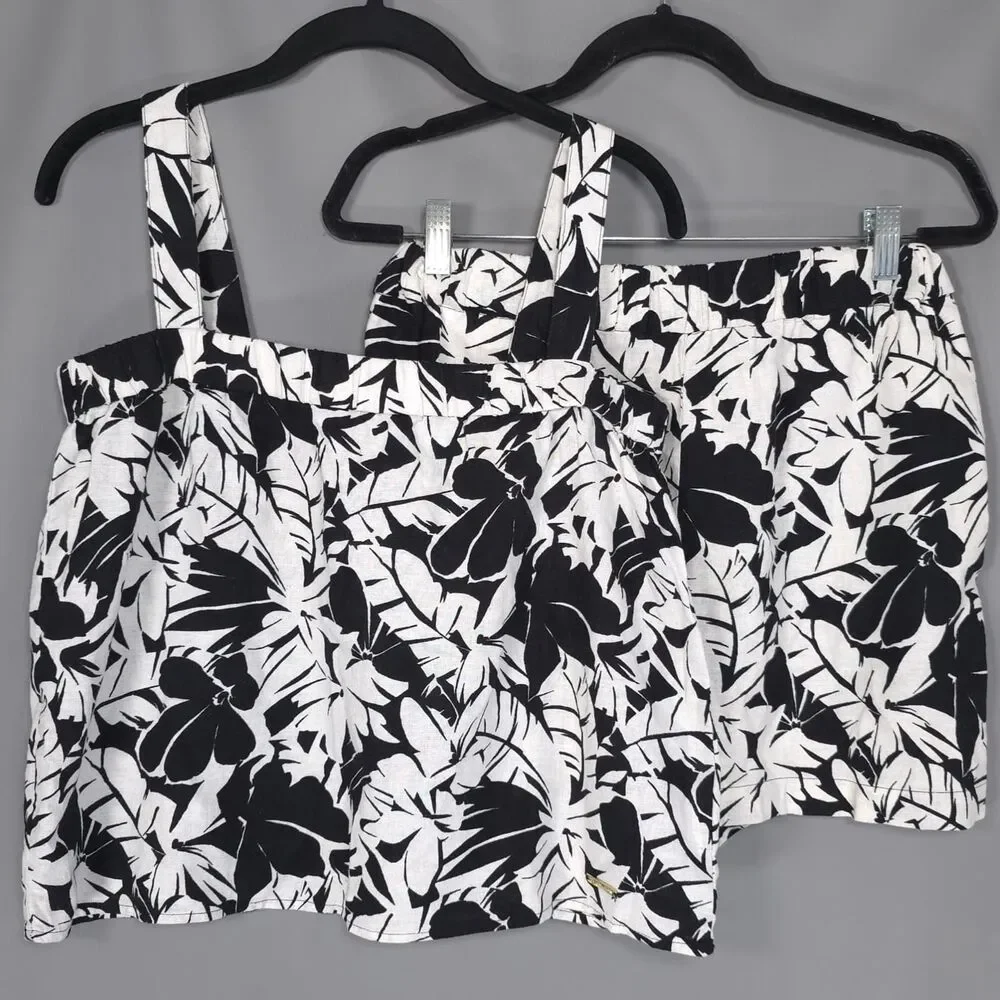MICHAEL KORS Womens New Set Tank Top Shorts MEDIUM Black White Linen QS540TLHF0